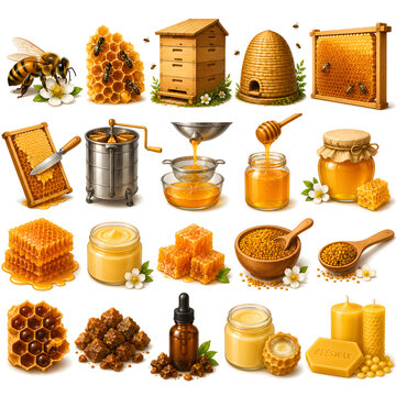 Bee and honey production vector illustration collection
