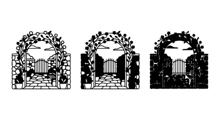 Obraz premium Stone Garden Archways with Gates, Vine Clad Entrances, Romantic Landscape Elements, Vector Set