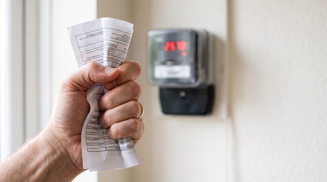 Hand crumpling electricity bill in front of power meter