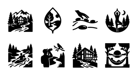 Fototapeta premium Nature Icons Set, Outdoor Adventure Vector Graphics, Mountain Cabin & Yoga Silhouette Collection