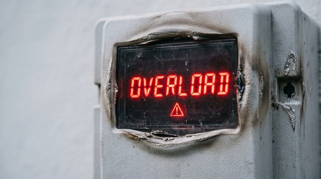 Melted digital electricity meter displaying red overload warning light