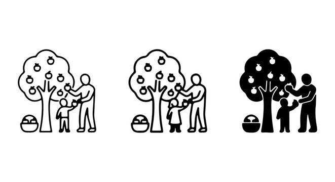 Apple Picking Icons, Family Harvest Vector Set, Orchard Fruit Gathering Graphics