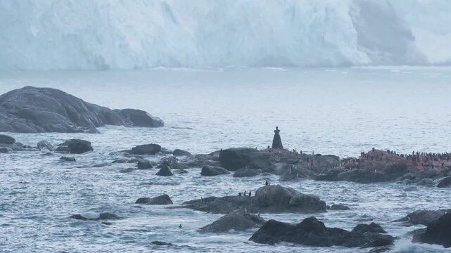 Antarctica Close Up Point Wild Marker & Memorial Site Ernest Shackleton on Elephant Island Moody Weather Penguin Colony View From Cruise Ship. Glacier