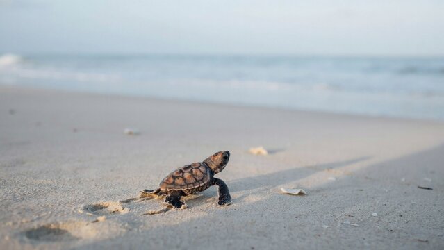 Baby sea turtle hatchling crawling on sandy beach towards ocean water with crawling across sand shallow depth field