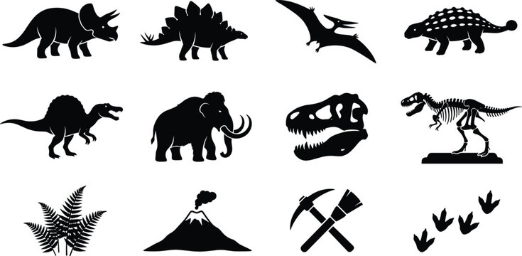 Collection of Black Dinosaur Silhouettes and Paleontology Icons for Educational Design Prehistoric World and History Projects