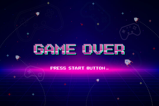 Game Over, Retro games for game assets in retro futuristic sci-fi background vector illustration. Glowing neon from an old arcade