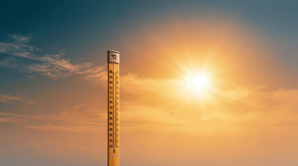 Obraz premium Thermometer measuring extreme heat levels during a summer day under a blazing sun.