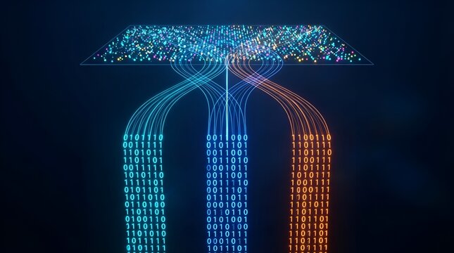 Digital data processing visualization with binary code streams merging into a glowing network grid on a dark blue background
