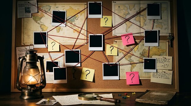 Detective investigation evidence board with red string connections between blank and question marks on a map background