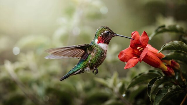 Hummingbird hovering near red flower with blurred green background shallow depth field against blurred