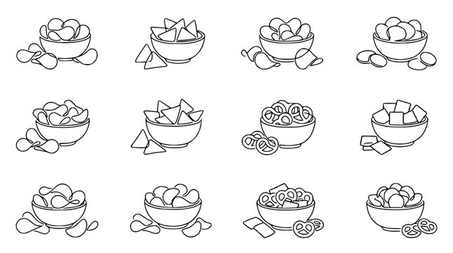 Assortment of Hand-Drawn Snack Bowls: Chips, Nachos, Pretzels, Crackers - Icon Set