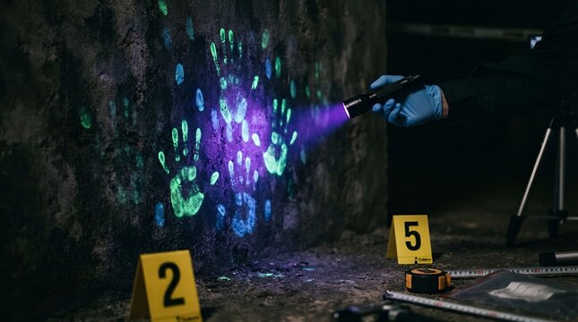 Forensic investigator using a uv flashlight to reveal glowing handprints on a dark, textured wall at a crime scene with evidence markers present