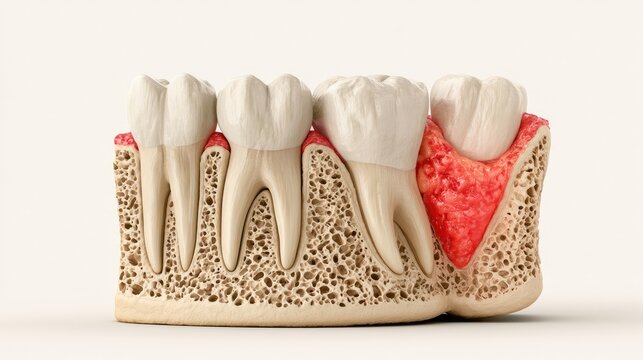Dental anatomy model showing healthy teeth and gums alongside periodontitis affecting bone structure.