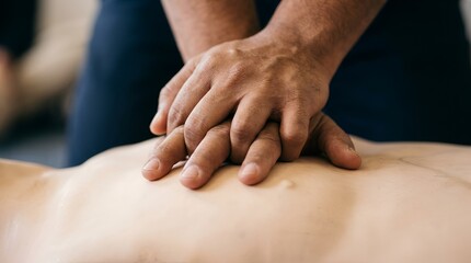 Fototapeta premium Close up of hands performing chest compressions on a medical mannequin during a cardiopulmonary resuscitation, cpr, training session for safety