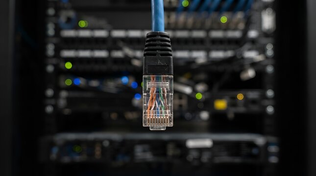 Close up of a blue ethernet network cable connector hanging in front of a blurred server rack with blinking lights in a data center