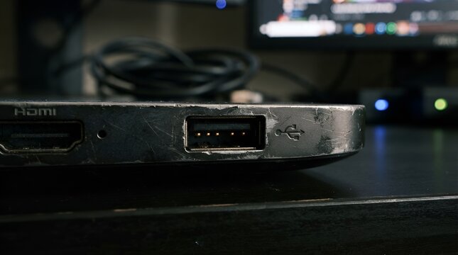 Close up of a dusty usb port on a metallic electronic device with a blurred computer monitor and cables in the dark background workspace