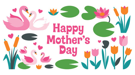 Happy mothers day greeting with swans tulips and water lily flowers in pond scene. © Md