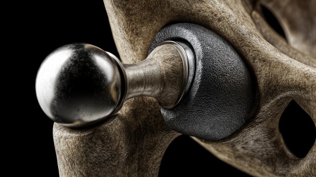 Close-up of a hip replacement implant in a human pelvis bone.