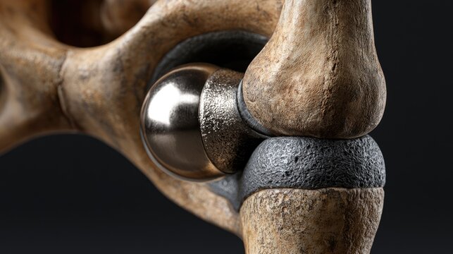 Close-up of a hip replacement implant in a human bone.