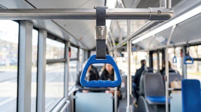 Blue bus handle in public transport interior with blurred passengers