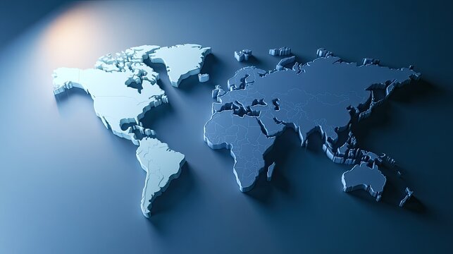 3D World Map Illuminated Globe Continent Shapes Blue Tones.