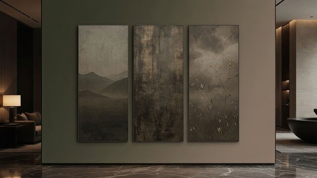 Elegant abstract wall art triptych featuring dark mountains and floral elements in a contemporary interior setting