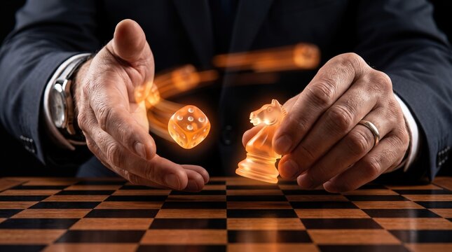 Businessman playing chess with glowing knight and throwing dice