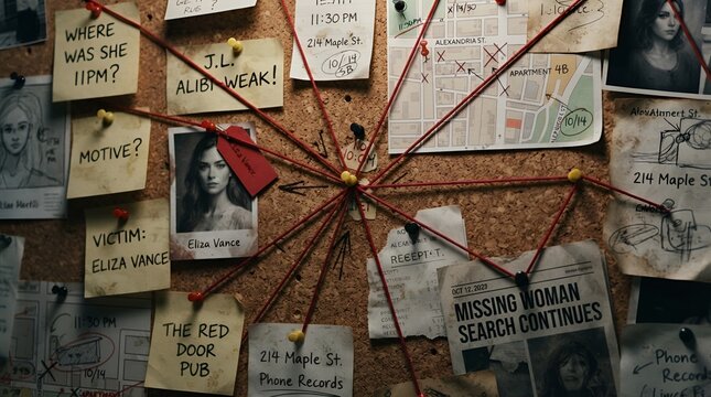 Detective investigation cork board with maps, and notes connected by red string to track a missing woman case in a dim office setting