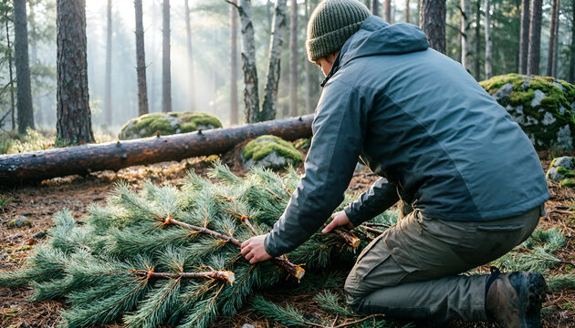 Resourceful Man Gathering Pine Branches Forest For Bushcraft Shelter