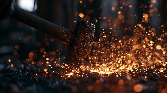 Industrial metal grinding with glowing sparks flying in a workshop.
