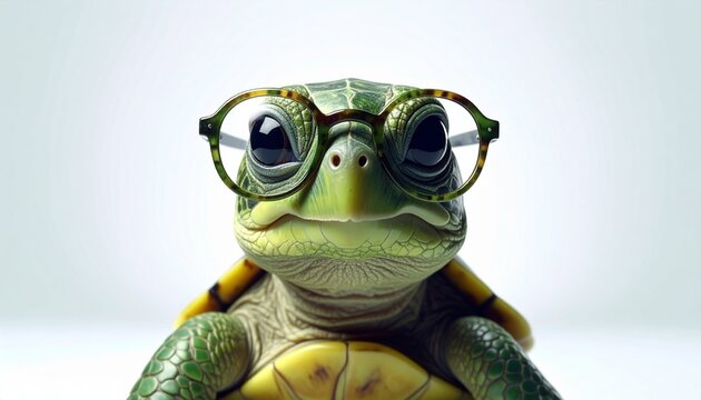Cute little green turtle with glasses in front of studio background. Generative AI. design