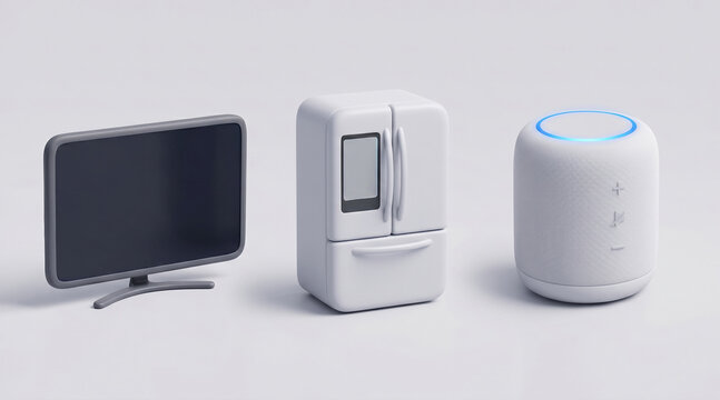 Home appliances set with smart speaker, refrigerator and flatscreen tv on white background