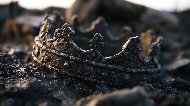 Old rustic crown lying on dark burnt ash ground.