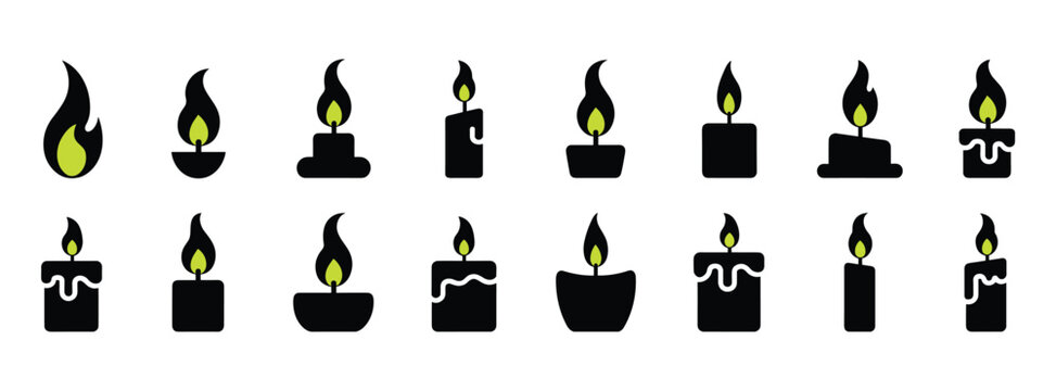 Set of Candle Icons: A collection of stylized black candle icons, each featuring a glowing green flame and variations in shape and form, suggesting warmth, light, and ambiance.
