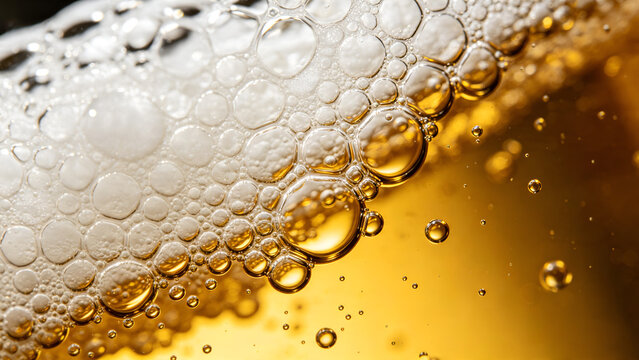 Macro abstract backdrop of golden amber beverage with detailed white carbonated bubbles froth foam and fizzy sparkles for commercial drink branding advertisements.