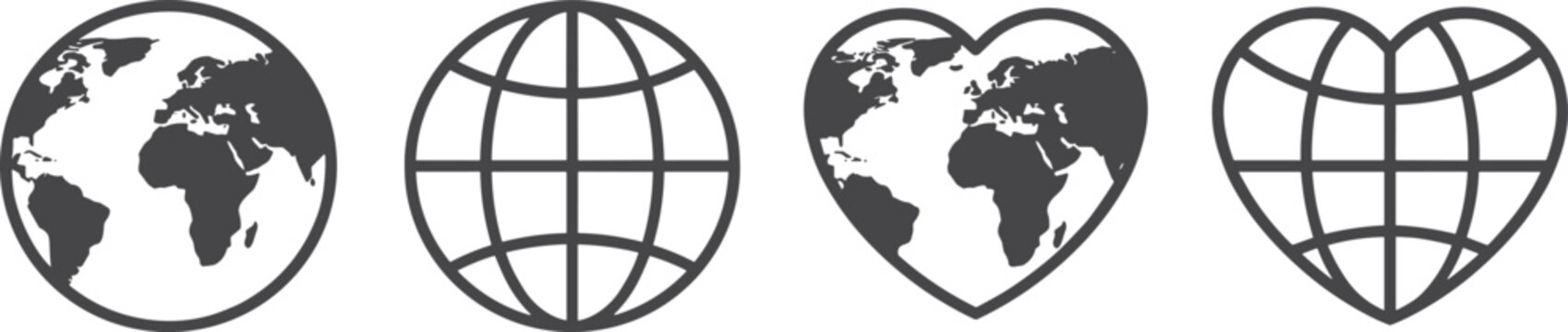 Global earth planet and heart shaped world globe icons set for environmental protection charity and international peace concepts