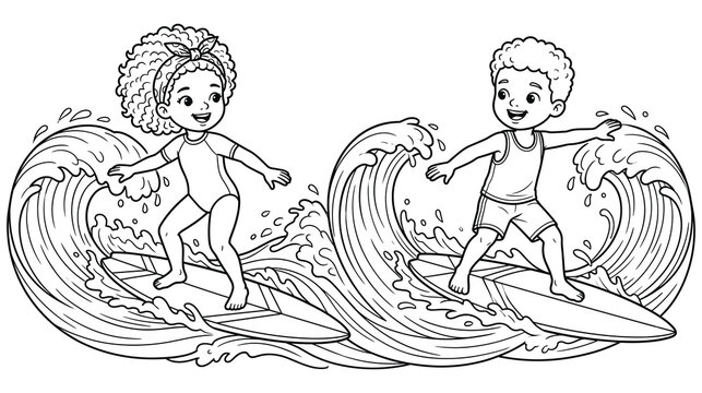 Little boy and girl surfing on ocean waves coloring page for children activity book design.