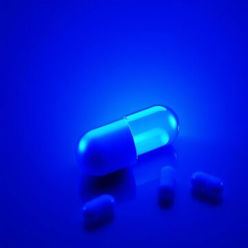 Neon blue background with digital pill technology, industry, advancement
