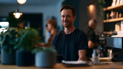 Fototapeta premium A smiling man with short hair and a beard sits at a wooden counter in a warmly lit cafe or restaurant surrounded by potted plants