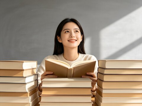 Young woman smiling and holding a book among stacks of books
