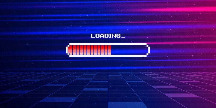 LOADING. Pixel art 8 bit. Retro Futurism Sci-Fi Background. Glowing neon grid and star from vintage arcade computer game.