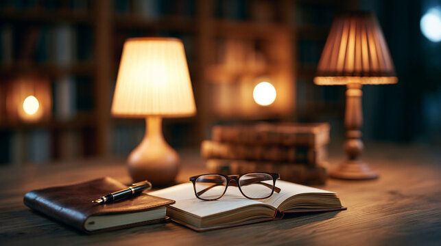 Traditional study desk with glowing pleat lampshade open book and glasses in dark library.