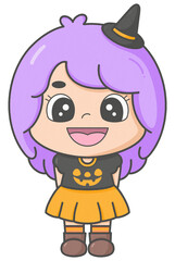 Cute Halloween Pumpkin Witch Girl
