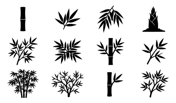 Bamboo plant silhouette collection with individual stalk sections and botanical leaves shapes for minimalist design