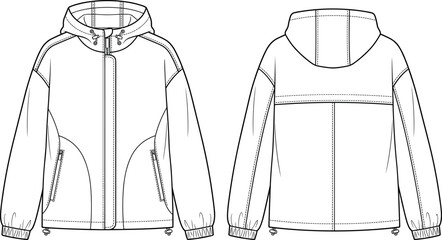 Hooded Zip Up Jacket Technical Fashion Flat Sketch Front and Back View © Mst
