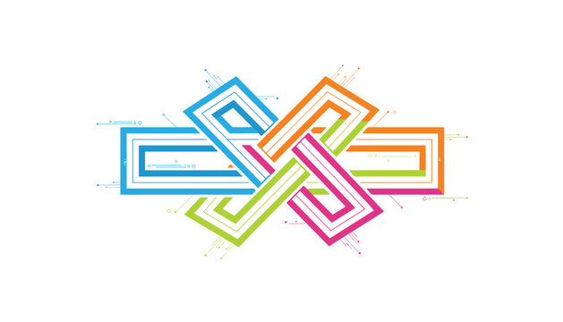 Colorful intertwined geometric knot logo representing connectivity and technology with digital particles on white background.
