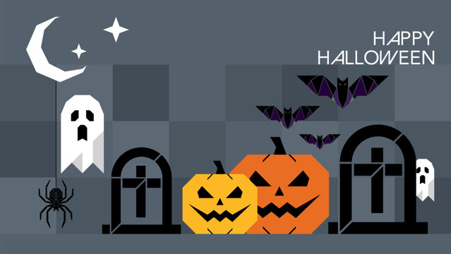 Happy Halloween banner with geometric elements have blank space.