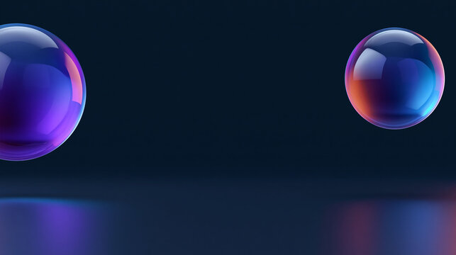 Two luminous abstract spheres with vibrant purple and orange light reflections against dark background.