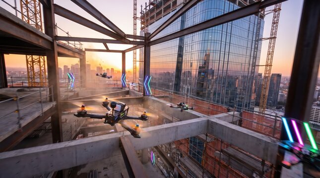 High speed racing drones flying through an active construction site