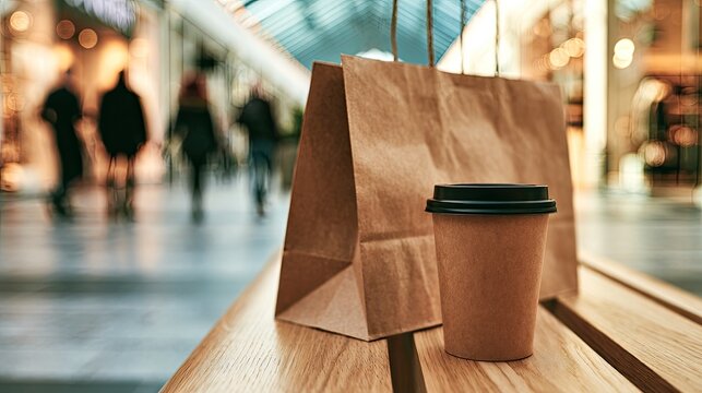 Brown paper bag and coffee cup on a wooden bench in a shopping mall.